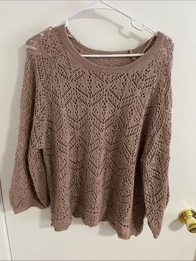 Open-Knit Crewneck Sweater in Mauve Taupe